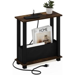 Furinno Turn-S-Tube Side Table, 2-Tier Slim Narrow End Table with Charging Station and Storage Bins, Night Stand, Bedside Table with USB and Type-C Port, for Living Room, Bedroom, Amber Pine