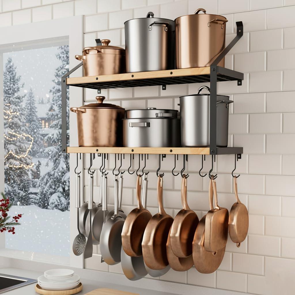 KES 132lb Heavy Duty Hanging Pot Rack Wall Mounted, 34in Solid Wood Design