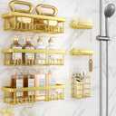 Veken Adhesive Shower Caddy 6-Pack,Gifts for Women Mom,Heavy Weight Bearing,Large Wall Mounted Bathroom Shelves Rack,Organizer Storage Accessories with Soap Dish&Toothbrush Holder,Bright Gold