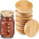 Beeveer 8 Pcs Regular Mouth Lids for Mason Jars 2.76'' Reusable Wooden Leaf Pattern Storage Lids with Airtight Silicone Sealing Rings Round Canning Caps for Food Storage