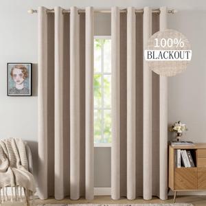 MIULEE Linen Textured Curtains Solid 100% Blackout for Bedroom Thermal Insulated Natural Beige Grommet Room Darkening Curtains & Drapes Luxury Decor for Living Room Nursery 52 x 72 Inch (2 Panels)