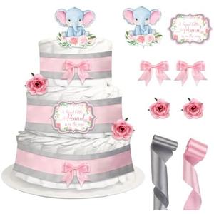 CORNER LACE Baby Shower Pink Elephant Diaper Cake Decorations, Newborn Baby Girl Birthday Party Diaper Cake Supplies Kit, Include Ribbon, Bow Tie, Cake Toppers, Artificial Flowers(Diaper Not Included)