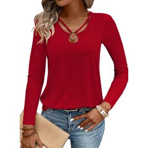 LOLONG Womens Long Sleeve Shirts Spring 2026 Sexy Tops Ribbed Knit Cut Out Ring Keyhole Neck Casual Tees (Large, Red)