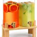 1.5 Gallon 2 PACK Glass Drink dispenser, Beverage Dispenser With Wood Stand, Lemonade Dispenser with Airtight Valve and Stainless Steel Spigot,Drink Dispenser for Parties