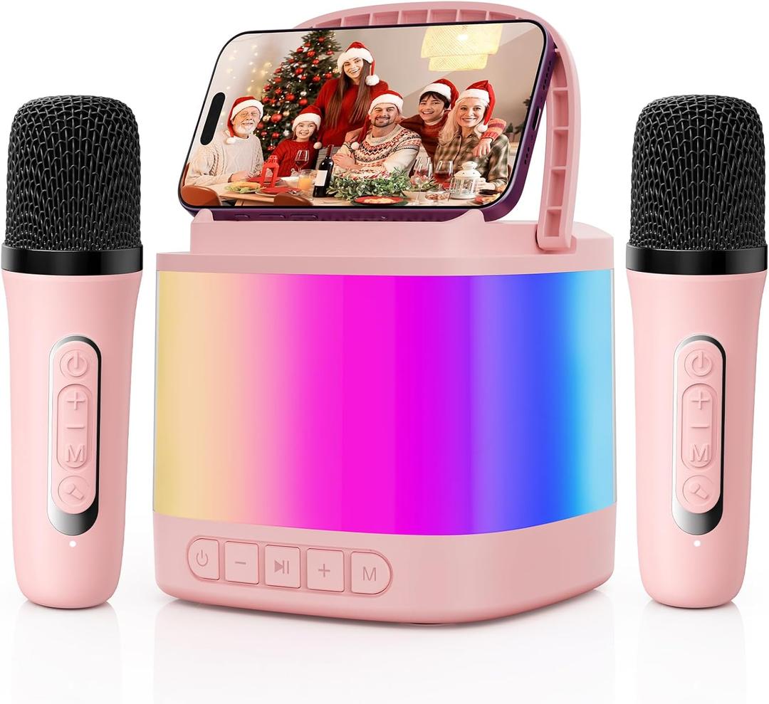 HWWR Mini Karaoke Machine for Kids, Portable Bluetooth Karaoke Speaker with 2 Wireless Microphones and Phone Holder, Birthday Gifts for Girls Boys Age 3-14+, Singing Machine for Home Party