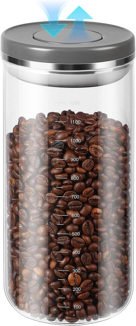 Coffee Canister with Airtight Lid, One-Press Button Borosilicate Glass Coffee Container with PP Silicone Lid, Food Storage Container for Grounds Coffee, 1lb Beans, Flour, Cereal, Sugar