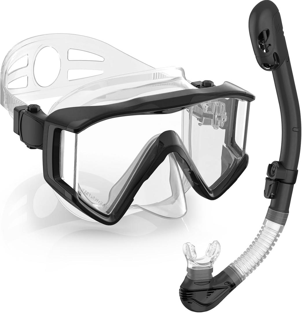 Greatever Snorkel Set Pano 3 Window Snorkel Mask Adult, Panoramic Wide View, Anti-Fog Scuba Diving Mask, Anti-Leak Snorkel Goggles Dry Top Snorkel, Professional Snorkeling Gear for Adults (Black White)