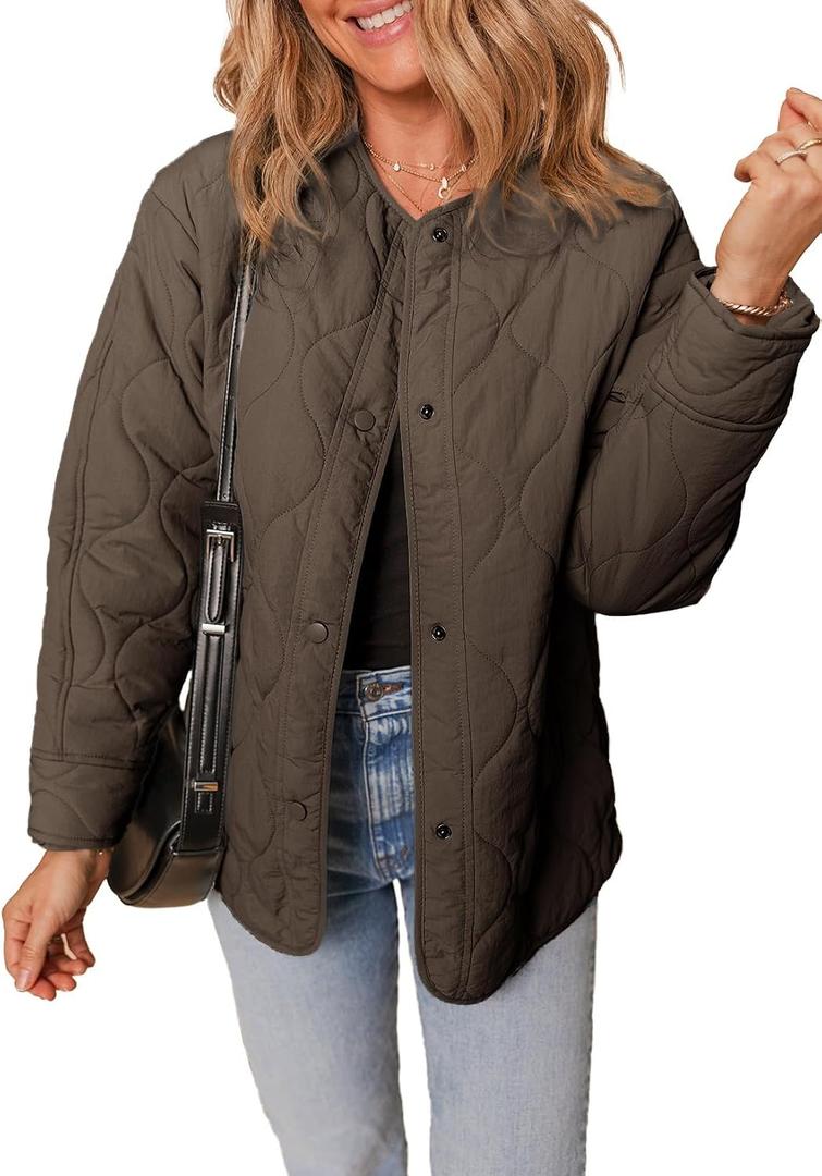 Dokotoo Womens Quilted Lightweight Jackets Button Down Puffer Jacket Coats Padded Outwear with Pockets (Brown, L)