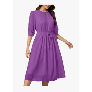 Wldrsd Solid Color Relaxed Dresses 2025 Women's Casual 3/4 Sleeve Crew Neck Flowy Swing A Line Dresses with Pockets, Size medium, color purple , medium