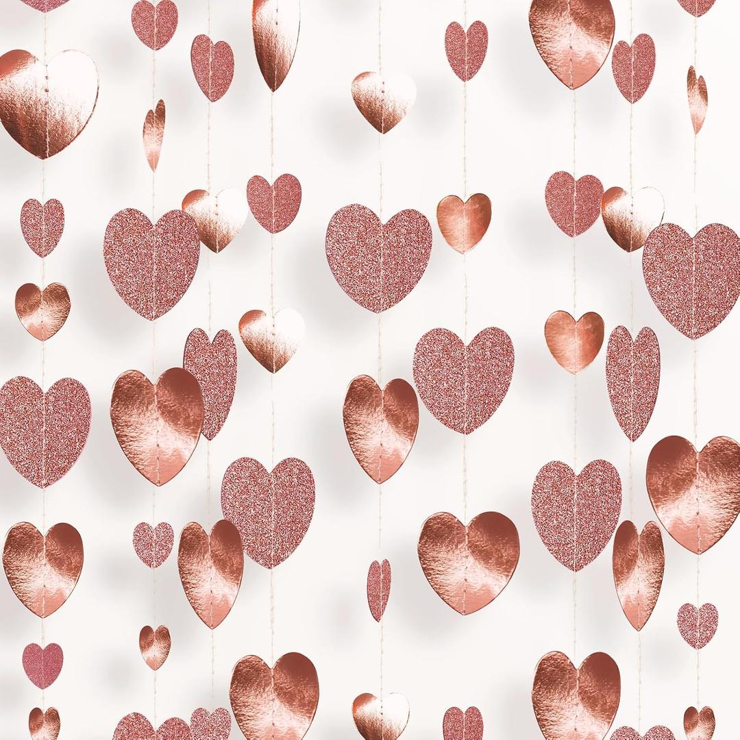 GCQQ 52Ft Rose Gold Heart Garland - Glitter Valentines Decorations 4 Packs Romantic Paper Heart Hanging Streamer for Bridal Shower Valentine's Day Party Backdrop Decorations