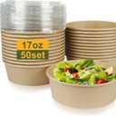 50 Pack Disposable Salad Bowls with Lids, 17oz Round Microwave-Safe Meal Prep Containers for Food Storage, BPA-Free Leakproof Heavy Duty Paper Bowls, Perfect for Parties, Picnics, Takeout