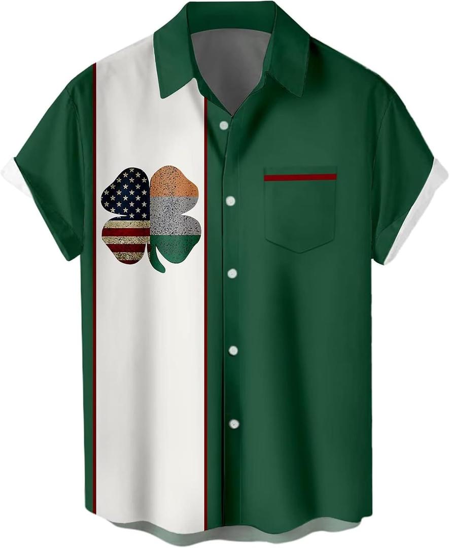 Hawaiian Bowling Shirts for Men Short Sleeve Printed Regular Fit Summer Beach Casual Button Down Aloha Shirts (Medium, St Patrick Green)