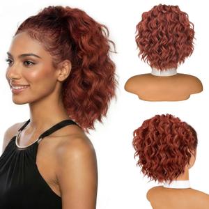 Isaic Curly Ponytail Extension,Drawstring Ponytail for Black Women 8 Inch,Synthetic Pony Tails Hair Extensions for Daily Use(Reddish Brown 350#)