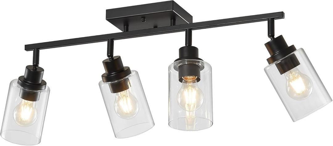 LOUSACE 4 Light Kitchen Track Light Fixtures Ceiling Vanity Lights Black, Bathroom Track Lighting Kit w/Rotatable Heads & Clear Glass Shade, Modern Wall Ceiling Tracking Light for Accent Shop Hallway