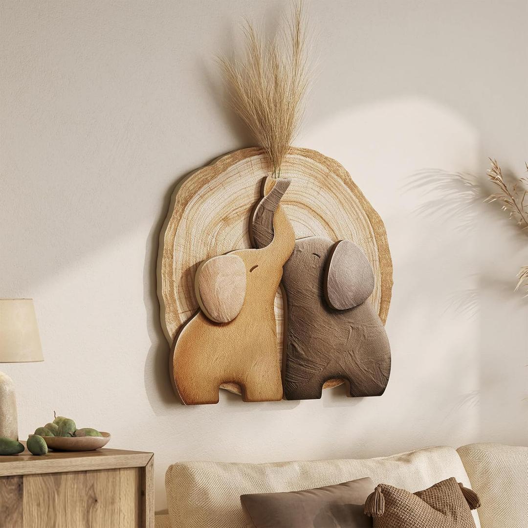 Troartos 3D Textured Elephant Wall Art Decor, Minimalist Neutral Brown Animal Artwork for Walls, Tree Ring Wall Decor for Living Room, Dining Room, Bedroom, Home Office 24x24 Inch