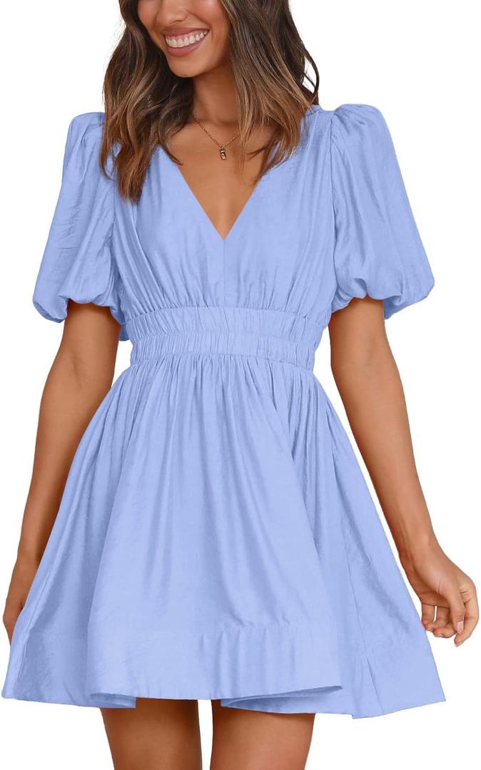 BWQ Women Mini Dress Short Puff Sleeve Sexy V Neck Dress A-line Elastic High Waisted Casual Flowy Summer Dresses BWQ Women Mini Dress Short Puff Sleeve Sexy V Neck Dress A-line Elastic High Waisted Casual Flowy Summer Dresses