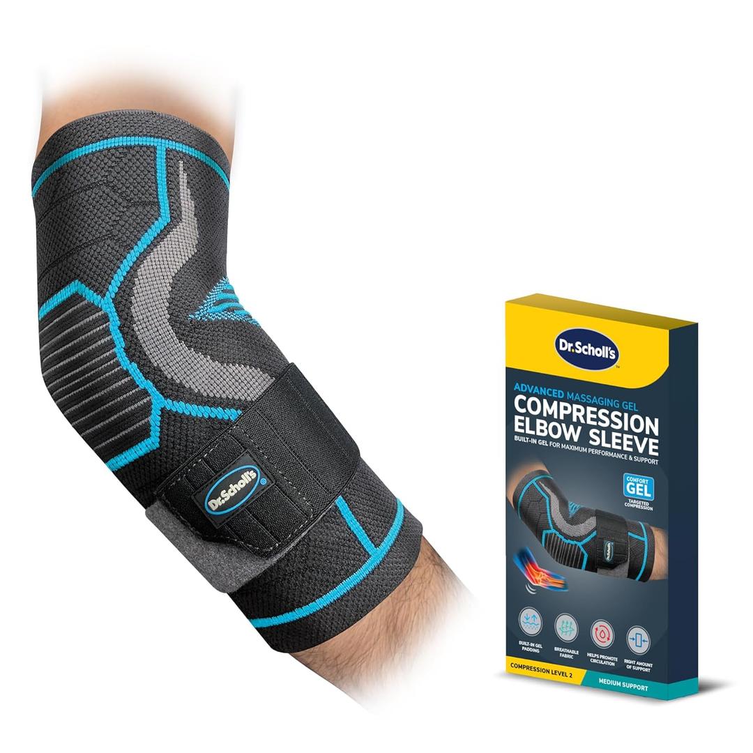 Dr. Scholl's Compression Elbow Sleeve with Massaging Gel, Breathable Fabric, Shock-Absorbing Elbow Compression Sleeve, Built-in Gel Padding & Support (S/M)