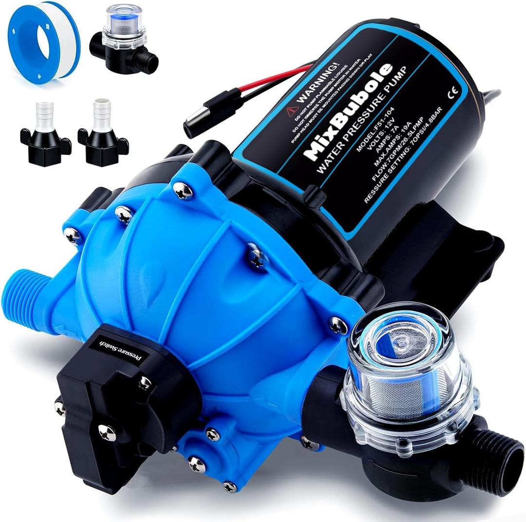 12V DC RV Fresh Water Pump Five Chamber Diaphragm 70PSI 7GPM Upflush to 10FT 250W Water Pump Self Priming Transfer Pump with Heavy Duty Pressure Switch for RV Marine Yacht Caravan Camper