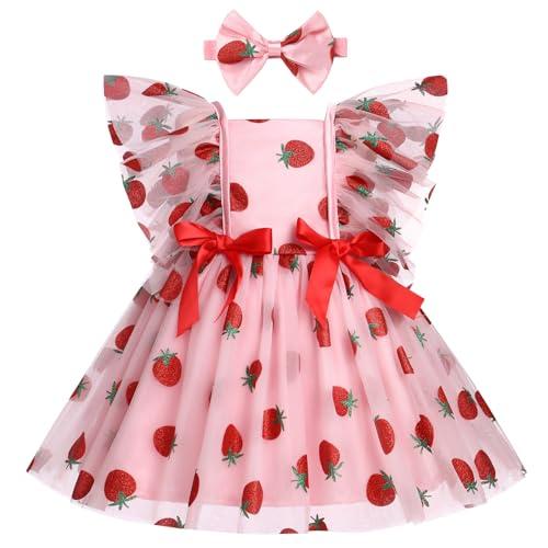 IDOPIP Baby Girls Strawberry Tutu Dress Berry 1st Birthday Outfit Summer Sleeveless Princess Birthday Party Dresses Toddler Communion Pageant Sundress + Headband Outfit Pink Strawberry 18-24 Months