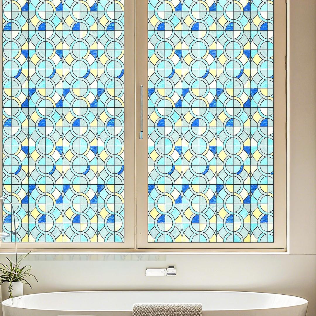 ADD.HERES Window Stickers, Stained Glass Window Privacy Film, UV Blocking Static Cling for Home Kitchen Office Bathroom, Geometric Rings, 17.5" x 78.7"