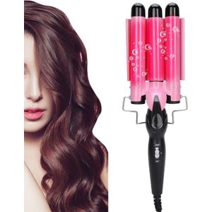 Hair Curling Iron Wand, Hair Waver Hair Curler Triple Pipe Hair Curling Iron Wand 2 Temperature Tourmaline Electric Hair Styling Tool for Long or Short (USpink)