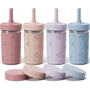 Fimibuke Toddler Cups Spill Proof, 12 OZ Sippy Cups for Kid Girl Boy, Leak Proof Stainless Steel Tumbler with Lid, Silicone Straw & Sleeve, BPA Free Dishwasher Safe Water Bottle Snack Container 4 Pack