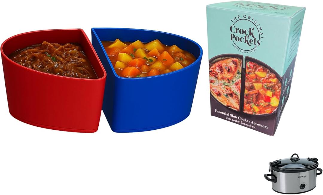 CrockPockets Blue & Red Reusable Silicone Slow Cooker Dividers  6Qt Divider Set (2-Pack), Non-Stick, Leak-Resistant, BPA-Free, Dishwasher Safe + Free Digital Cookbook!