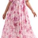 EYWOL Plus Size Wedding Guest Dresses for Women Floral Chiffon Flowy V Neck Maxi Dress with Detachable Tie Smocked Back (Pink)