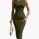 Women's Sexy Bodycon One Shoulder Sleeveless Ruched Midi Club Party Dress S
