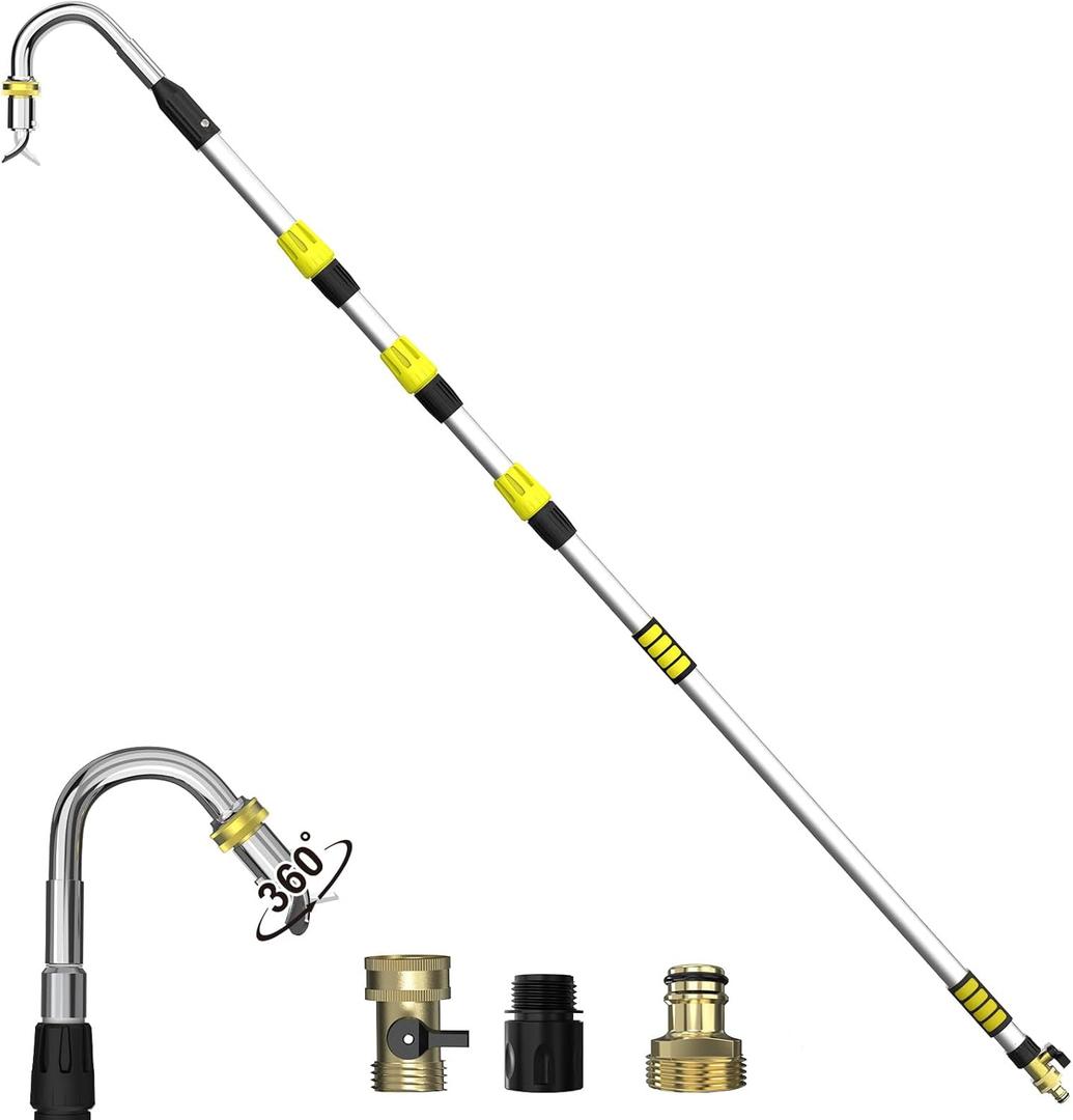 Buyplus 16FT(24FT Reach) Telescopic Gutter Cleaning Tools from The Ground, Rain Gutter Cleaners Tool with 360Rotatable Metal Nozzle, Extension Pole, Hose Attachment, Watering Wand for Garden Hose