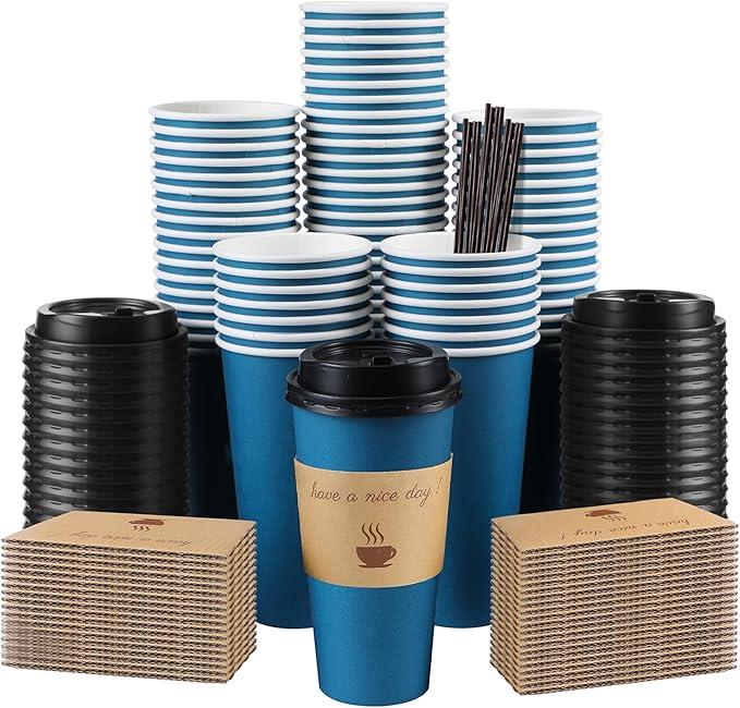 Clawsoff 50 Pack 20 oz Coffee Cups with Lids, Disposable To Go Paper Coffee Cups with Sleeves and Stirring Sticks for Hot/Cold Drinks Office Home Shop Event (Navy)