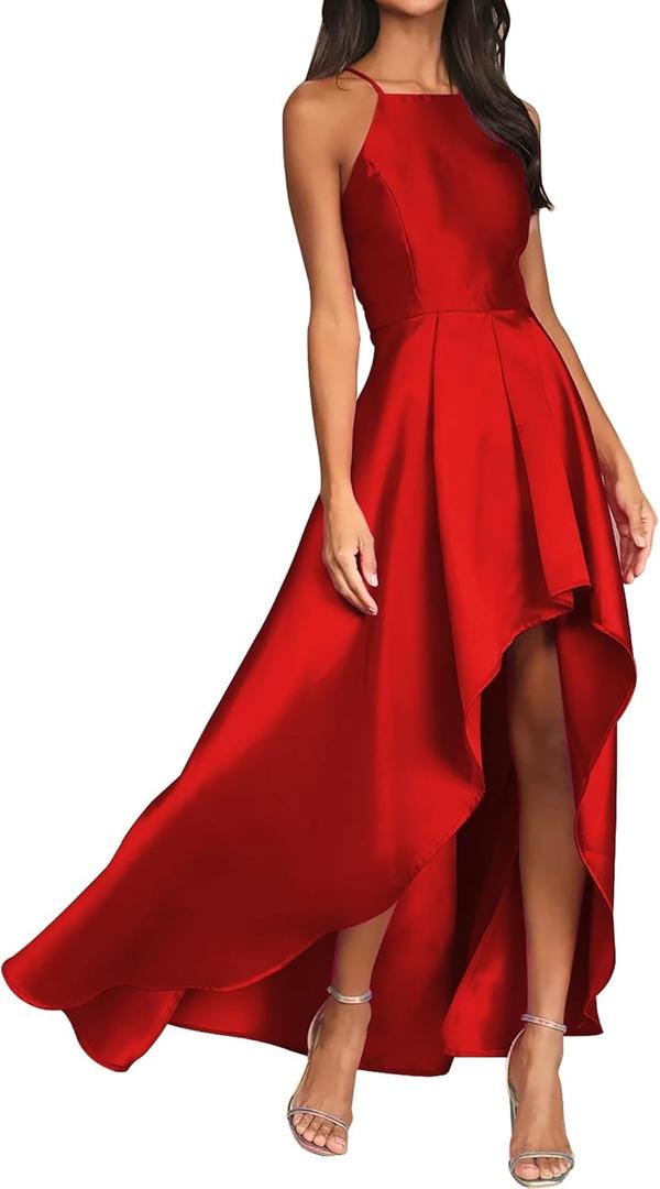 Women's Sleeveless Formal Long Prom Dress Wedding Guest Maxi Dress Asymmetrical Hem Satin Evening Gown (Red) M