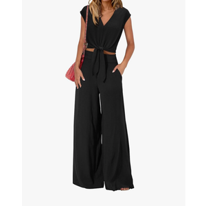 PRETTYGARDEN Women's Summer 2 Piece Outfits 2025 Cap Sleeve V Neck Belted Crop Tops Wide Leg Pant Sets Casual Tracksuit
Size M