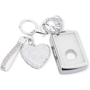 Compatible with Volvo Key fob Cover with Diamond Bling Keychain, Car Accessories Key Holder Shell for XC40 XC60 XC90 S90 V90 2021 2022 Smart Key, Silver Clear