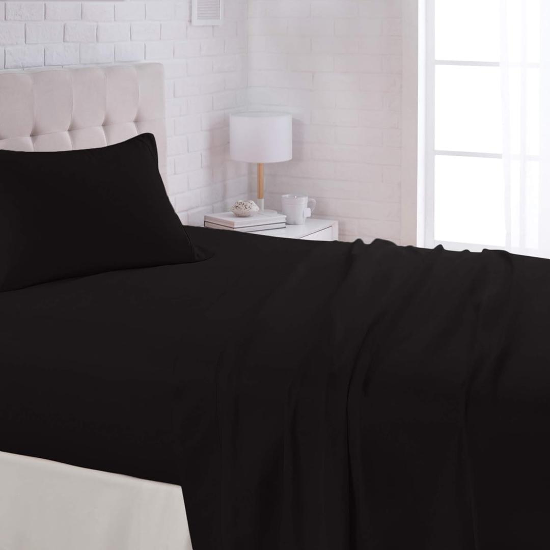 Amazon Basics Lightweight Super Soft Easy Care Wrinkle Free Microfiber 3 Piece Bed Sheet Set with 14-Inch Deep Pockets, Twin, Black, Solid, Kids, Men & Women Bedding