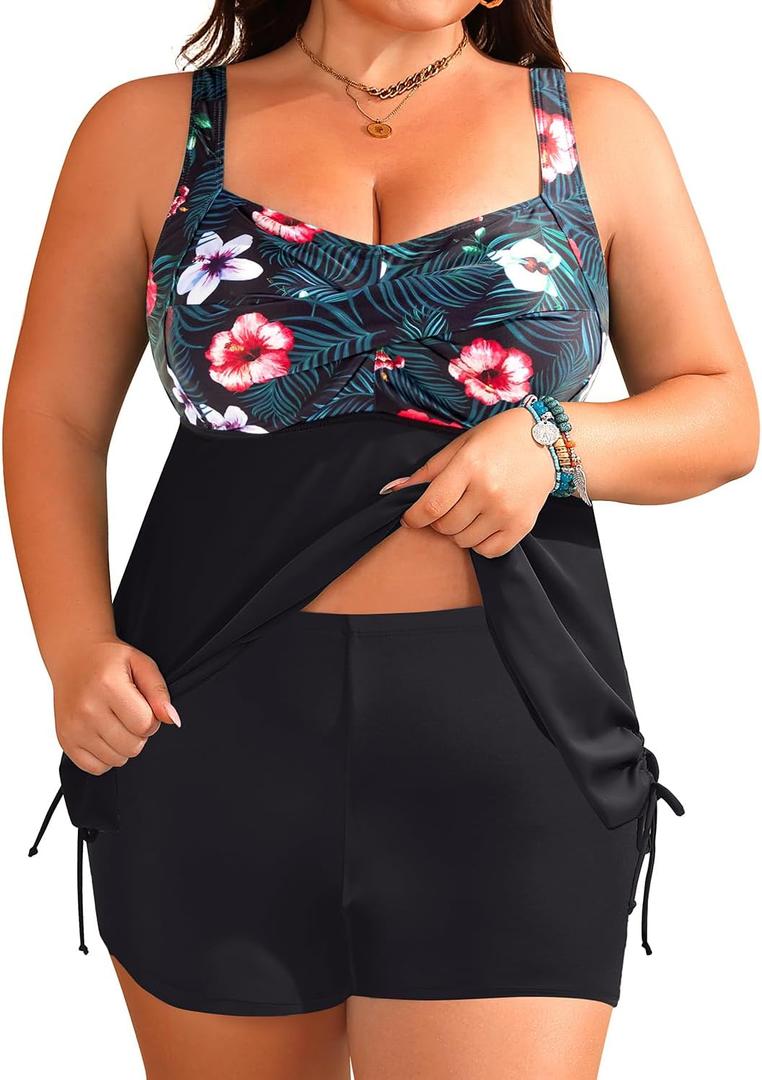Aqua Eve Women Plus Size Tankini Swimsuit Two Piece Flowy Swimdress Bathing Suits with Shorts (Black Floral) Size 28W 