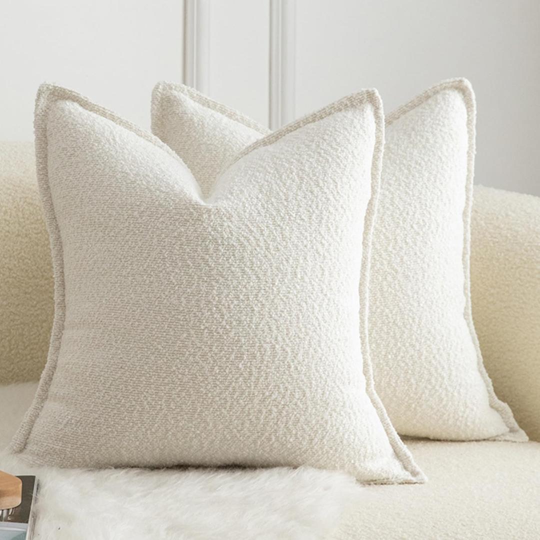 MANDIOO Pack of 2 Decorative Throw Pillow Covers Accent Solid Woven Textured Cushion Covers Pillow Cases Bedroom Living Room Sofa Home 16 x 16 lnch Cream White