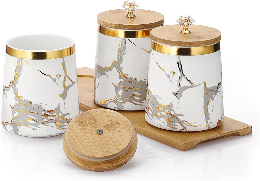 JUXYES Set of 3 Canisters Set for Sugar Coffee Tea with Airtight Lid, Ceramic Storage Containers Sets White Storage Pots with Tray Storage Jar Decorative Canisters Sets for for Kitchen Counter