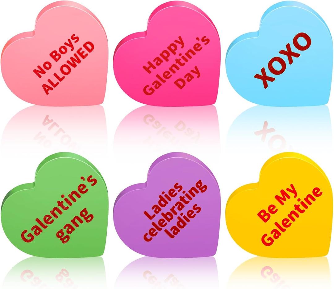 Thyle Galentine's Day Conversation Hearts Decorations for Home Table 6 Pcs Wooden Candy Heart Shaped Signs Decor for Office Tiered Tray Mantel Shelf Valentines Galentine Gifts
