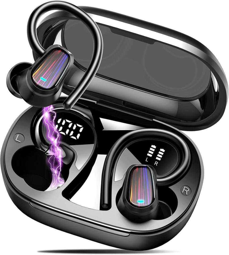 Wireless Earbuds, Bluetooth 5.4 Headphones Sport, Over Ear Buds with ENC Noise Canceling Mic, Deep Bass Stereo Earphones with Hook, 50H Playback, LED Display, IP7 Ear Buds for Workout Running, Black