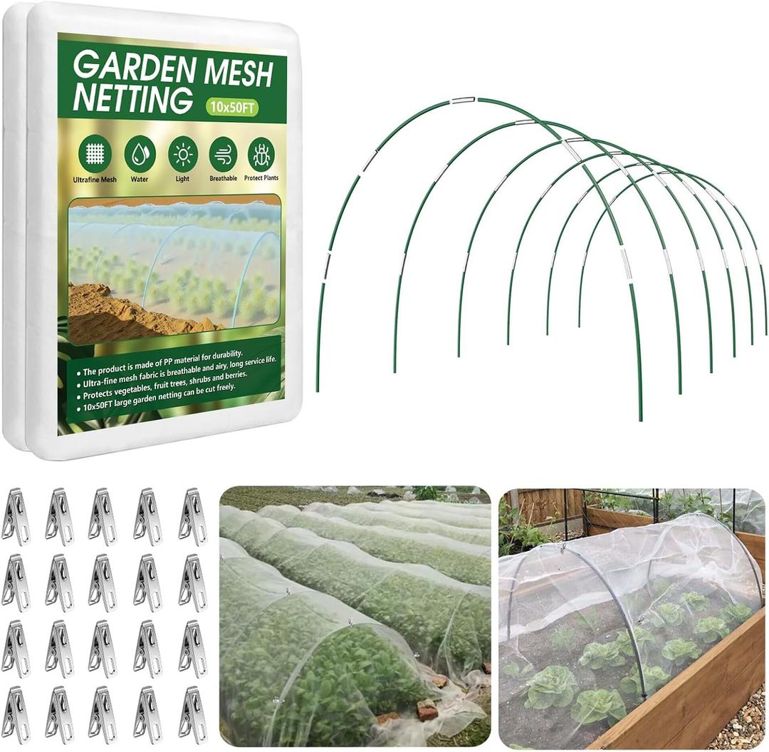 Garden Netting Kit for Raised Beds, 10x50FT Ultra Fine Mesh Netting＆ 6 Sets of 8FT Fiberglass Garden Hoops, Row Cover Insect Netting for Vegetable Plant Fruit Flowers Protection