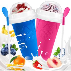 FANS-ONE Slushie Cup, 2 Pack Slushy Maker Cup, Frozen Magic Squeeze Cups for Juice Milk Yogurt Ice Cream Make, DIY Smoothie Cooling Cup with Lid & Straw for Kids Friends Family (Blue+Pink)