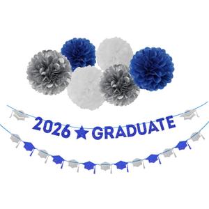 Navy-Blue White-Silver Party-Decoration Graduation Banner - 8pcs Kits Cap Garland Streamers, Paper Tissue Pom Poms Flowers, 2026 Craduate Banner Congratulations Grad Decor Lasting Surprise