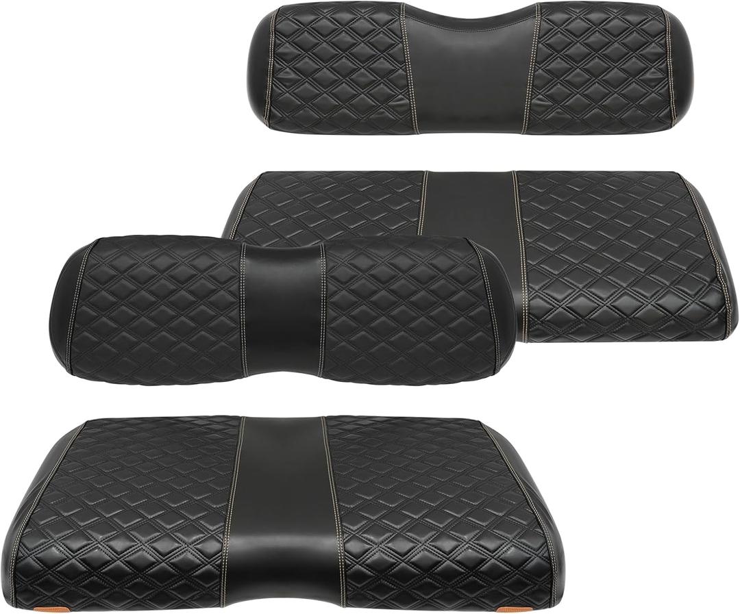 Golf Cart Front and Rear Seat Covers Waterproof and Sun Resistant Marine Grade Vinyl Leather Seat Cover Accessories for EZGO RXV 2008+, Black(4PCS)