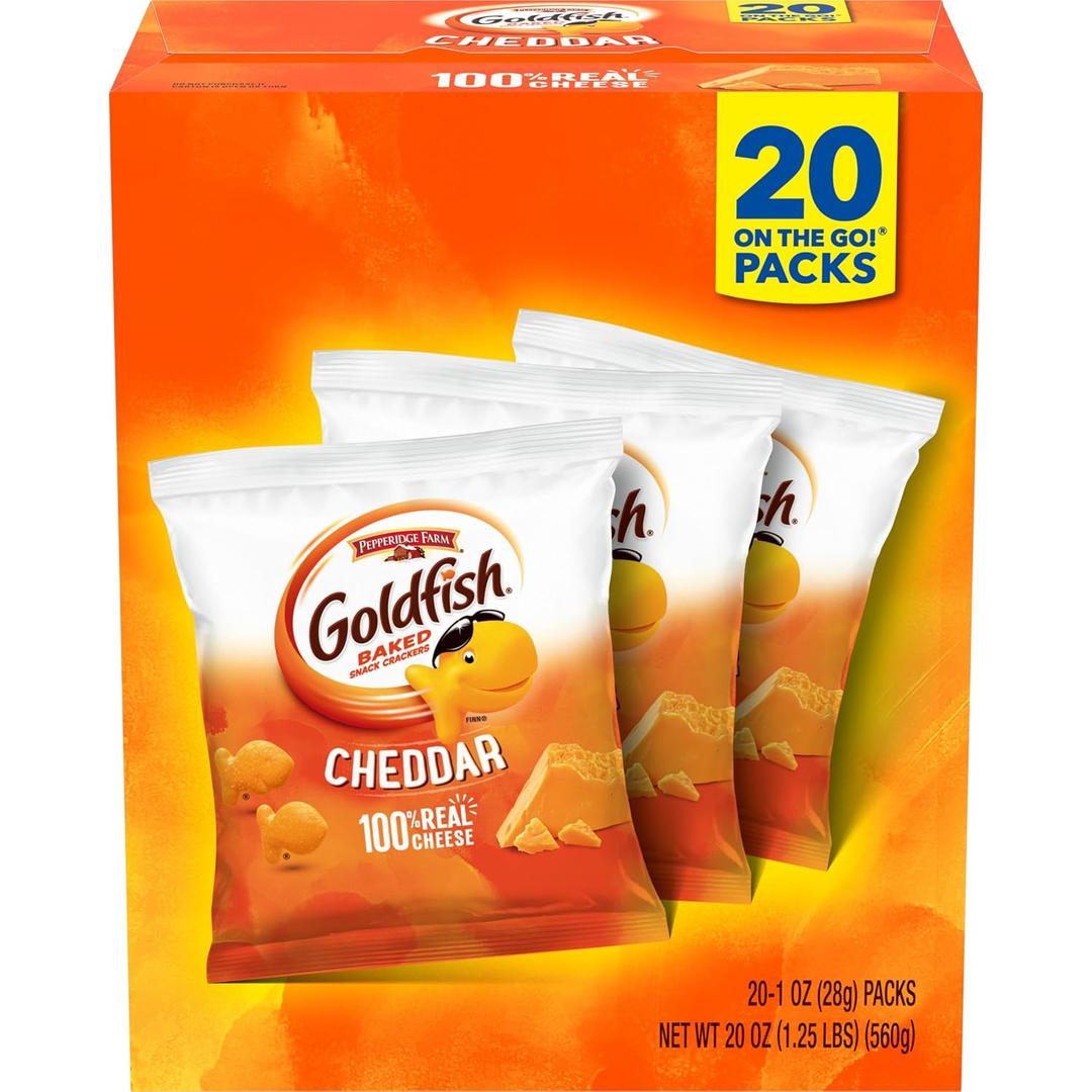 Goldfish Cheddar Cheese Crackers, Baked Snack Crackers, 1 oz On-the-Go Snack Packs, 20 Count Box (EXP 12/13/26)