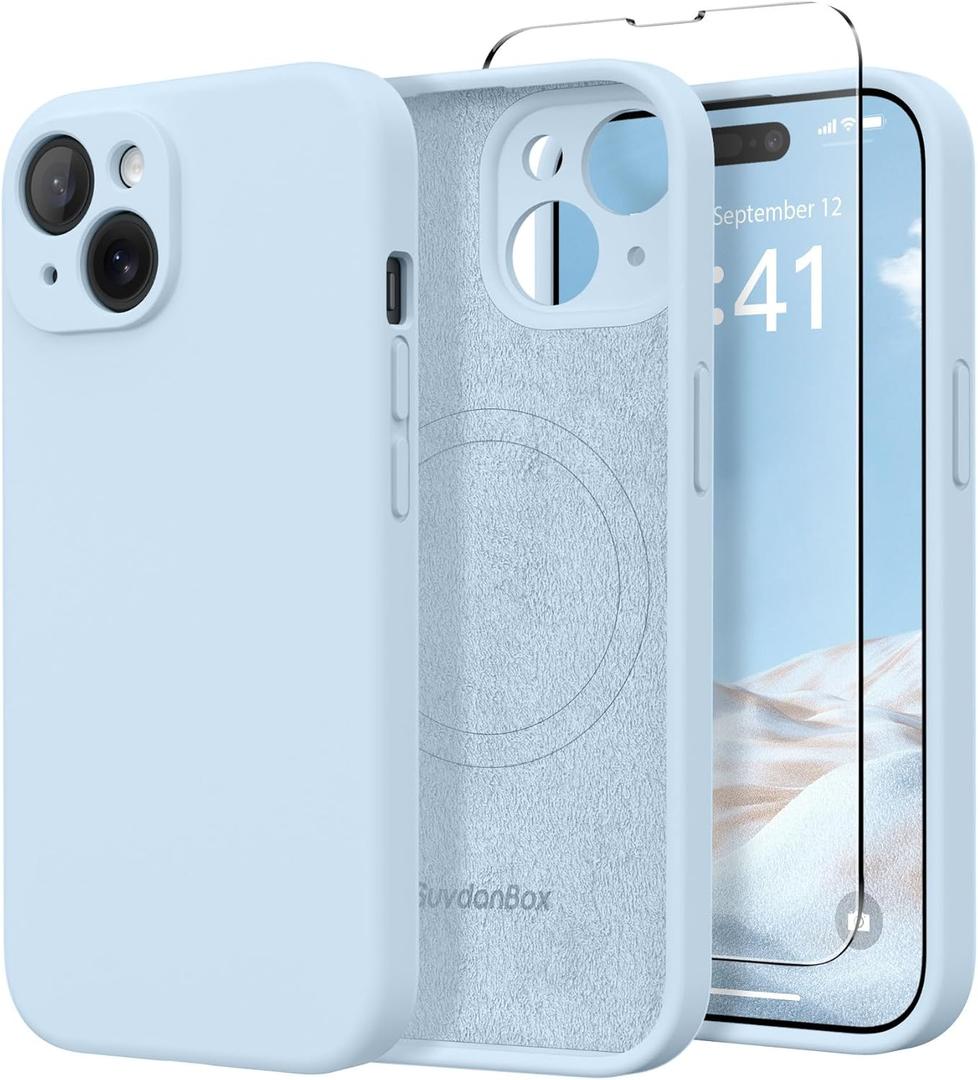 Magnetic for iPhone 15 Case, Compatible with MagSafe, [Screen Protector + Full Camera Protection], Silicone Shockproof Anti-Scratch Protective Phone Case for iPhone 15 6.1", Light Blue