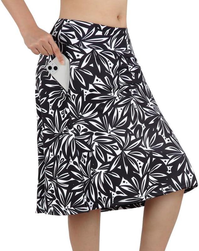Knee Length Skorts Skirts for Women with Pockets Midi Skirt with Built-in Shorts Golf Tennis Skirt for Casual, X-Large, Black Leaf - Zipper Pocket