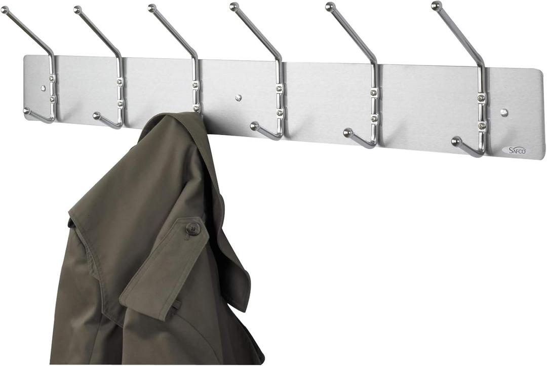 Safco Wall Mount Coat Rack, 6-Hooks for Hanging Coats, Purses, Bags, Umbrellas, for Hallways and Entryways, Black and Satin Aluminum