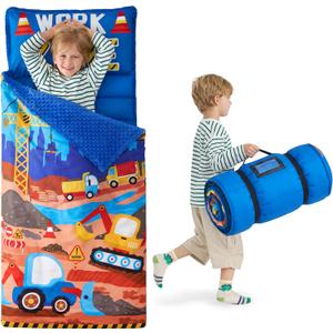 JOIEDOMI Toddler Sleeping Bag for Kids 55''x30'' Nap Mat with Removable Pillow and Minky Blanket for Toddler Ages 3-7 Roll Up Soft Kids Sleeping Bag for Boys Girls Kindergarten Daycare Sleepover (Light Blue Construction)