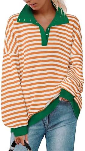 ZESICA Sweatshirts for Womens Long Sleeve Lapel V Neck Striped Oversized Tops, Size Medium